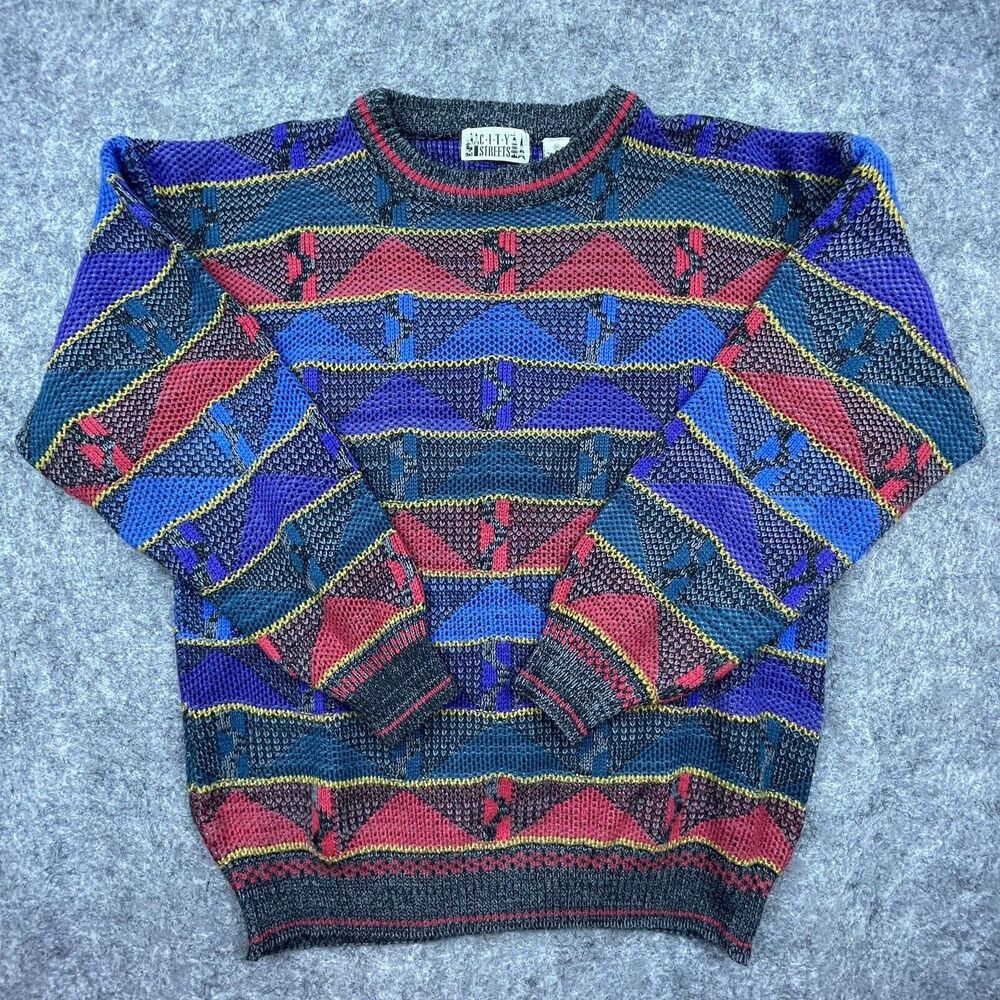City Streets Sweater Mens Medium Multi Color Vintage 80s Geometric Cosby Knit